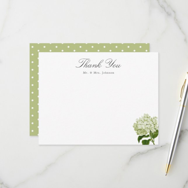 Green Hydrangea Custom Name Thank You Flat Card (Front/Back In Situ)