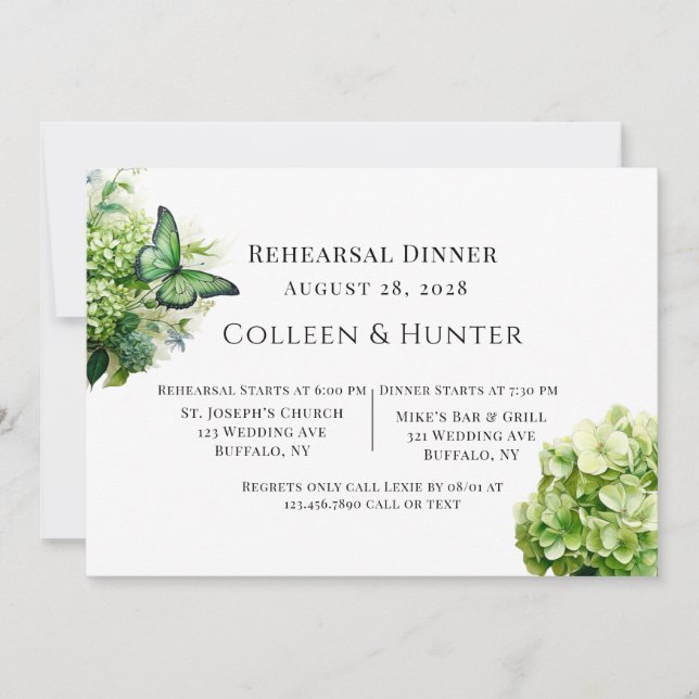 Green Hydrangea Floral Butterfly Rehearsal Dinner Invitation (Front)