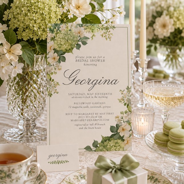 Green Hydrangea Floral Monogram Bridal Shower Invitation (Elegant green hydrangeas and a personalized monogram for a beautiful bridal shower.)