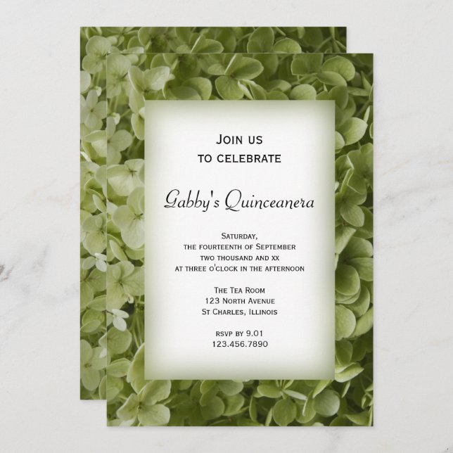 Green Hydrangea Flower Quinceanera Party Invitation (Front/Back)