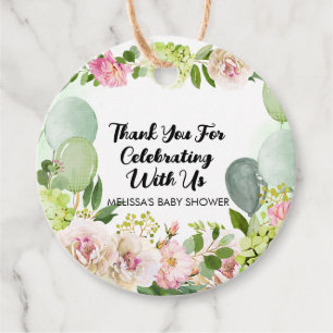 Green hydrangea pink floral balloons thank you favour tags