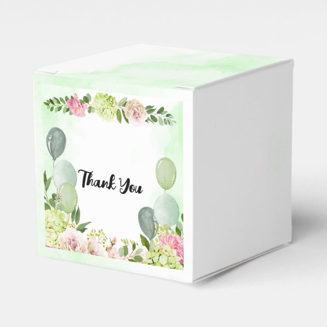 Green Hydrangea Pink Floral Sage Balloon Custom Favour Box (Front Side)
