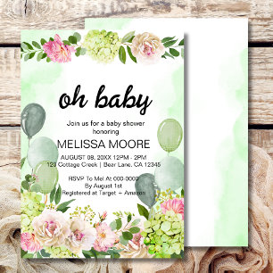 Green hydrangea pink floral sage balloon  invitation