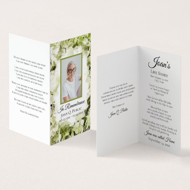 Green Hydrangea Watercolor Funeral Memorial Prayer Business Card (Inside and Outside)
