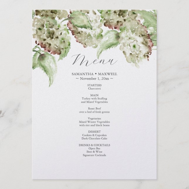 Green Hydrangea Wedding Decor Menus (Front)