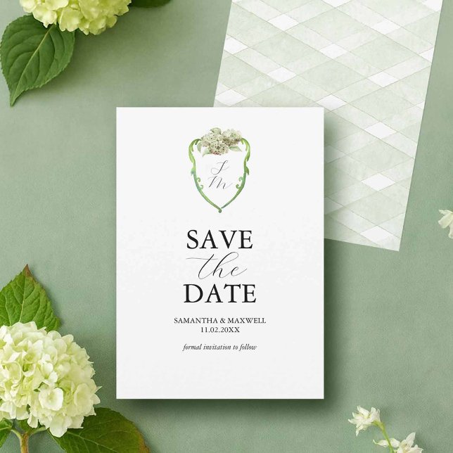 Green Hydrangea Wedding Monogram Save The Dates Save The Date (Green and white wedding hydrangea Save The Dates by Victoria Grigaliunas Do Tell A Belle)