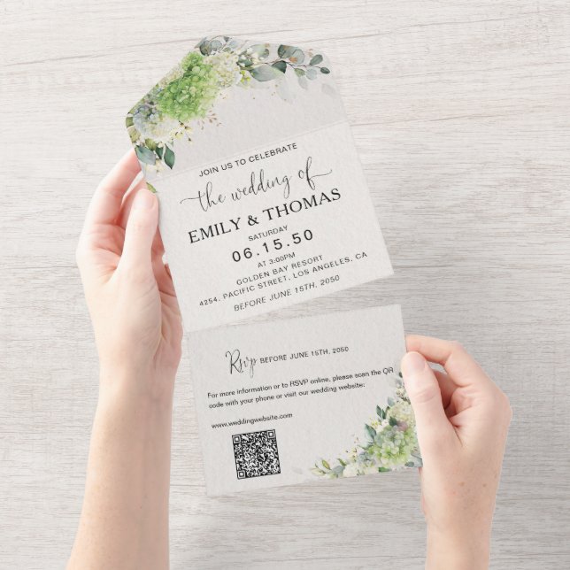 Green Hydrangeas All in One Wedding Invite (Tearaway)