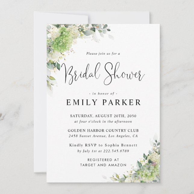 Green Hydrangeas Bridal Shower Invitation (Front)