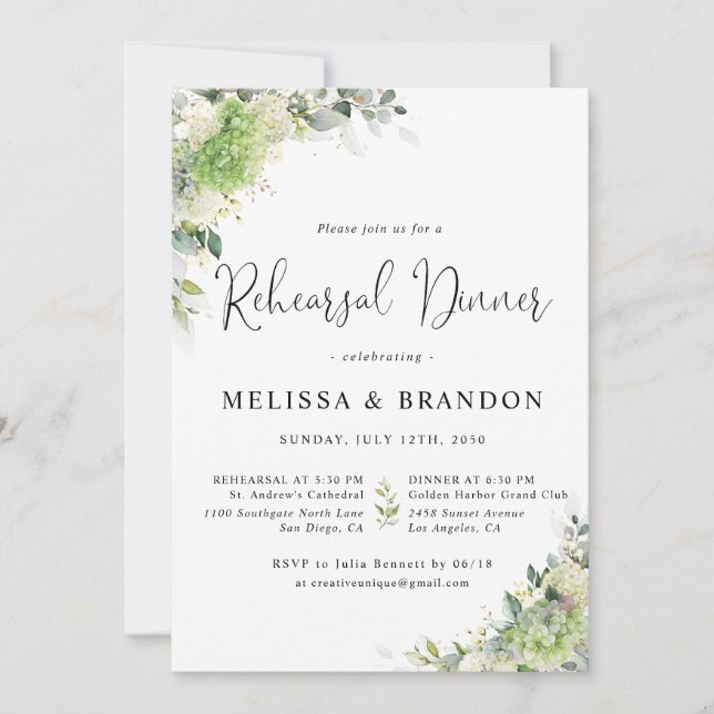 Green Hydrangeas Rehearsal Dinner Invitation (Front)