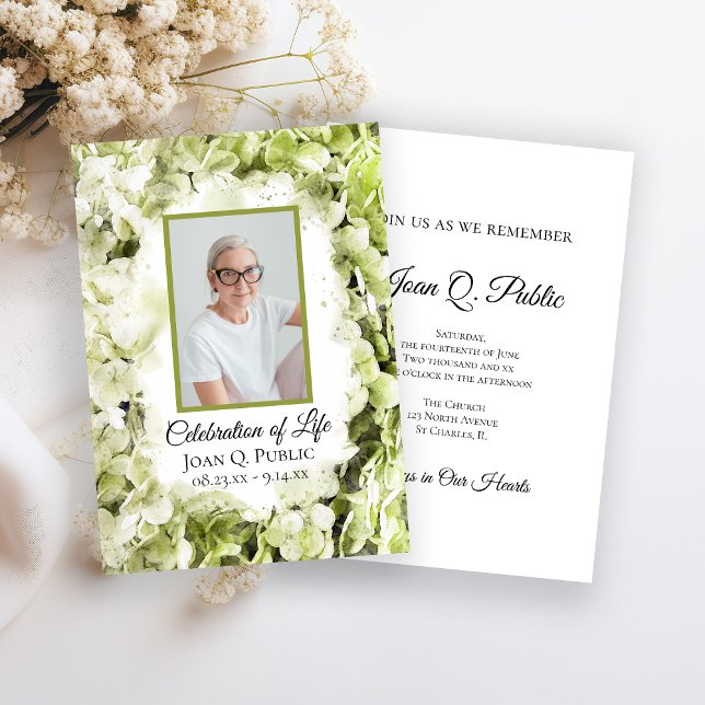 Green Hydrangeas Watercolor Celebration of Life Invitation (Creator Uploaded)