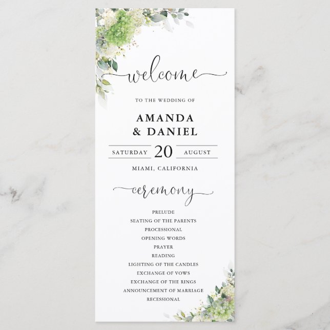 Green Hydrangeas Wedding Program (Front)