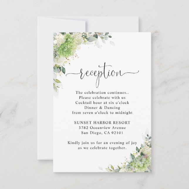 Green Hydrangeas Wedding Reception Enclosure Card  (Front)