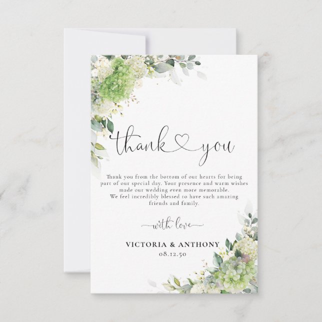 Green Hydrangeas Wedding Thank You Card (Front)