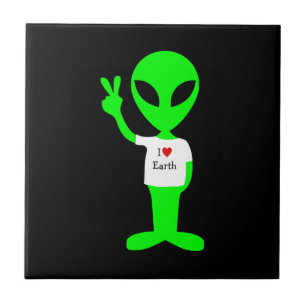 Green "I Love Earth" Alien Ceramic Tile