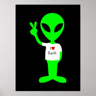 Green "I Love Earth" Alien Poster