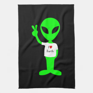 Green "I Love Earth" Alien Tea Towel