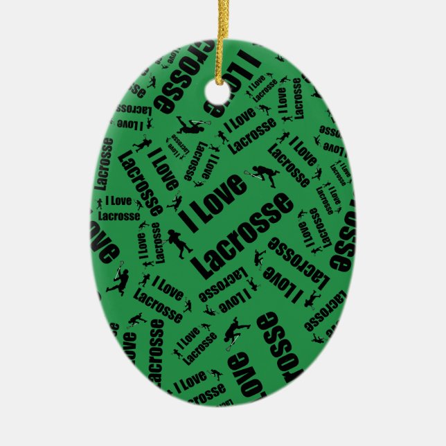 Green I love lacrosse Ceramic Tree Decoration (Front)