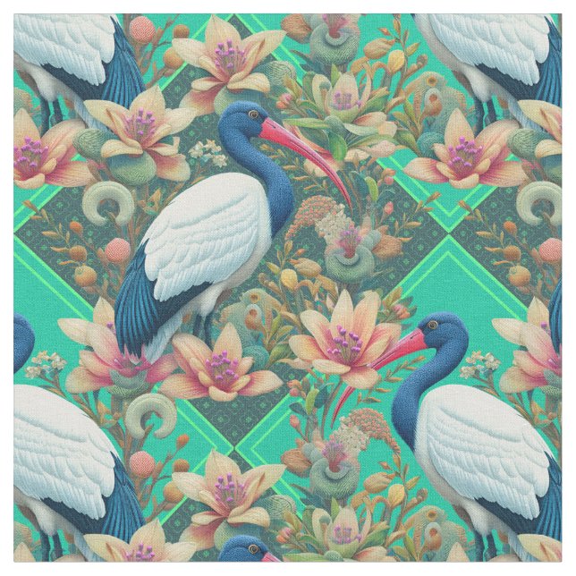 Green Ibis Bloom Fabric (Close Up)