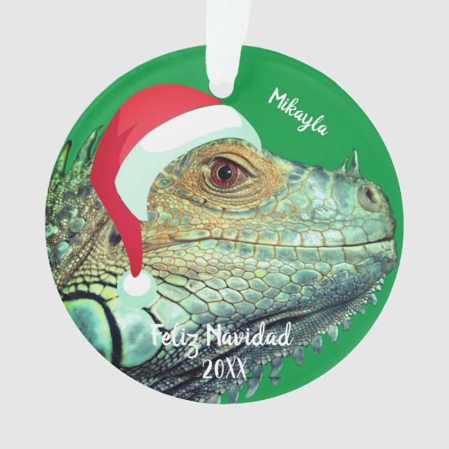 Green Iguana in Santa Hat  Ornament (Front)