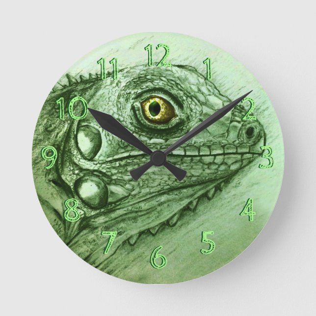 Green Iguana Round Clock, Realistic Drawing Round Clock (Front)