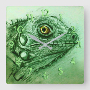 Green Iguana Square Clock, Realistic Drawing Wall Clock