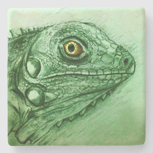 Green Iguana Stone Coaster, Realistic Drawing Coaster (Front)