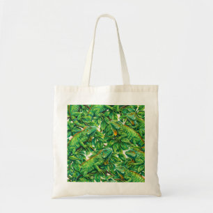 Green Iguana Tropical Jungle Leaves Pattern Tote Bag