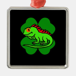 Green Iguana with four leaf clover Metal Ornament