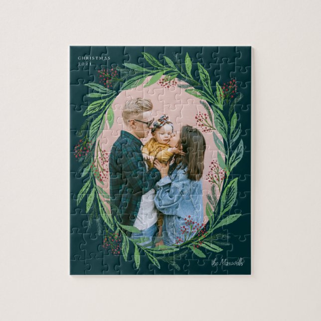 Green Illustrated Leaf Wreath Photo Frame Holiday Jigsaw Puzzle (Vertical)