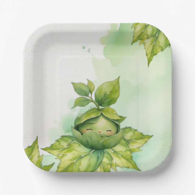 Green Illustrated Nature Baby Shower Paper Plate (Front)
