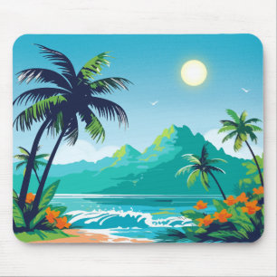 Green Illustrated Tropical Island Mouse Pad