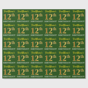 Green, Imitation Gold Look "12th BIRTHDAY" Wrapping Paper