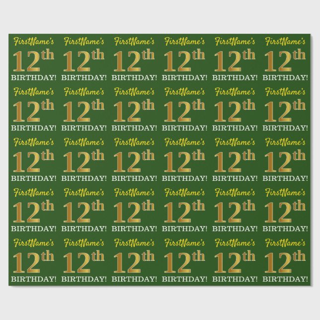 Green, Imitation Gold Look "12th BIRTHDAY" Wrapping Paper (Flat)