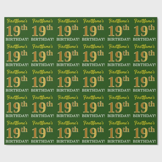 Green, Imitation Gold Look "19th BIRTHDAY" Wrapping Paper (Flat)