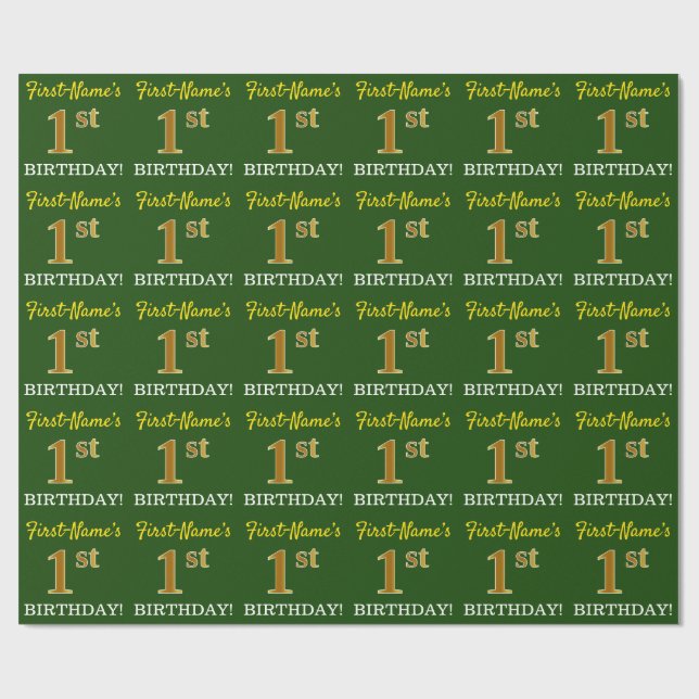 Green, Imitation Gold Look "1st BIRTHDAY" Wrapping Paper (Flat)