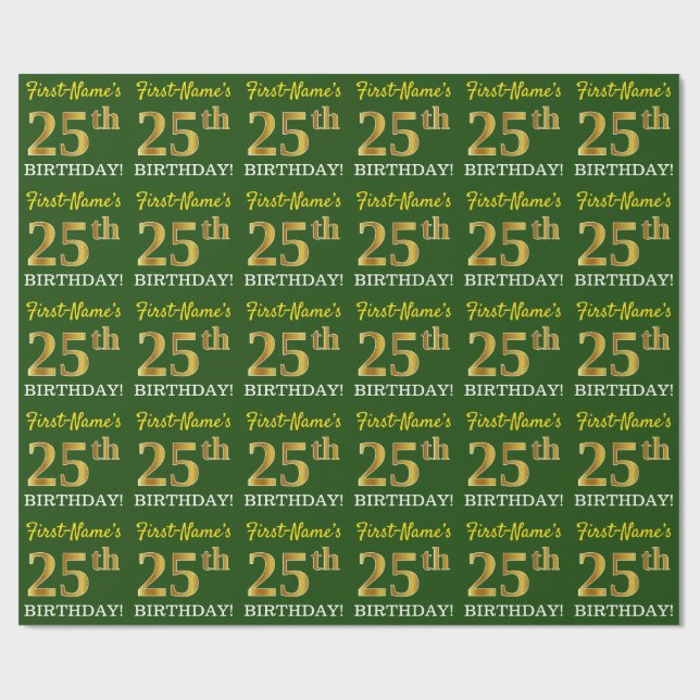 Green, Imitation Gold Look "25th BIRTHDAY" Wrapping Paper (Flat)
