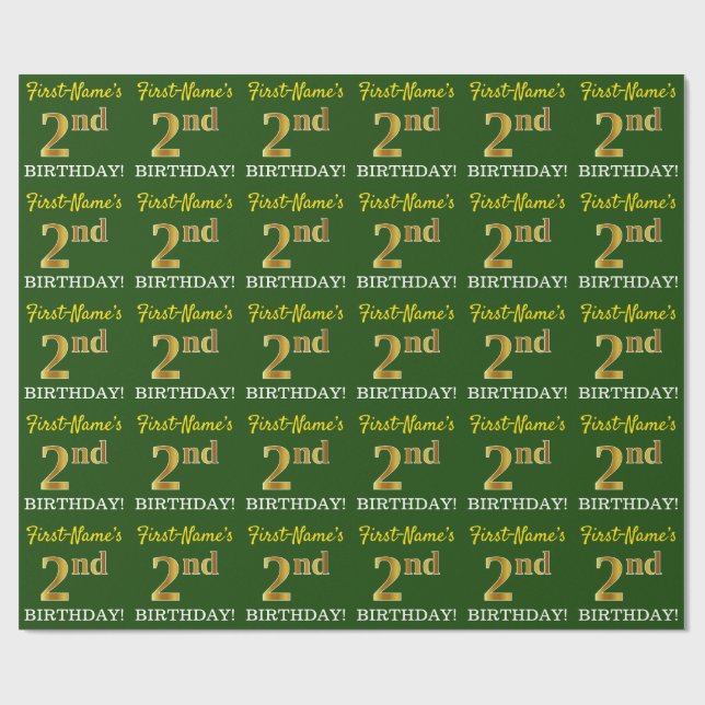 Green, Imitation Gold Look "2nd BIRTHDAY" Wrapping Paper (Flat)