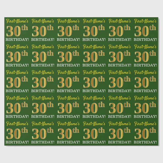 Green, Imitation Gold Look "30th BIRTHDAY" Wrapping Paper (Flat)