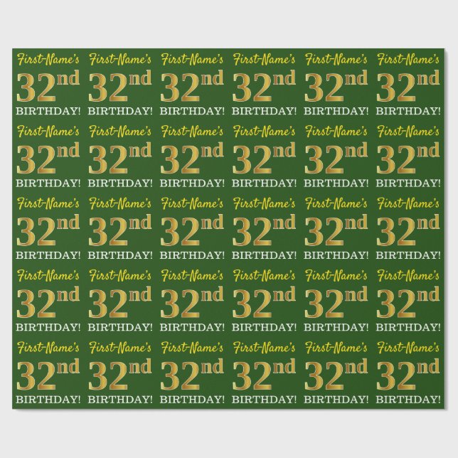 Green, Imitation Gold Look "32nd BIRTHDAY" Wrapping Paper (Flat)