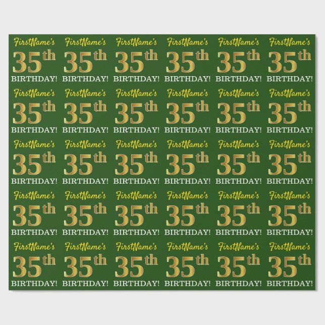 Green, Imitation Gold Look "35th BIRTHDAY" Wrapping Paper (Flat)