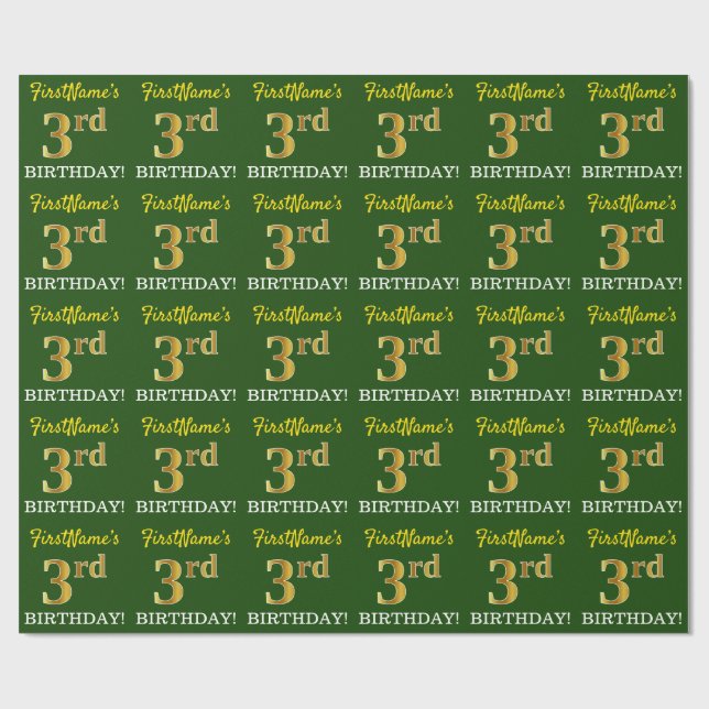 Green, Imitation Gold Look "3rd BIRTHDAY" Wrapping Paper (Flat)