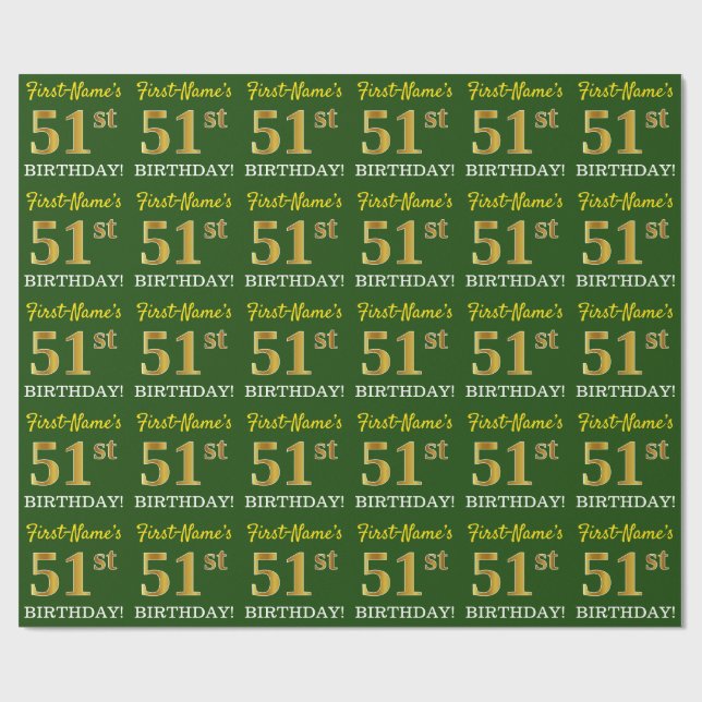 Green, Imitation Gold Look "51st BIRTHDAY" Wrapping Paper (Flat)