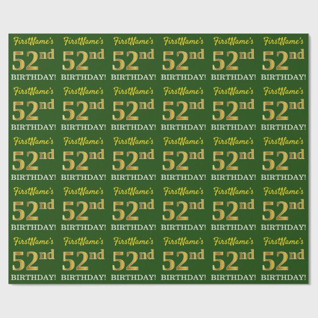 Green, Imitation Gold Look "52nd BIRTHDAY" Wrapping Paper (Flat)