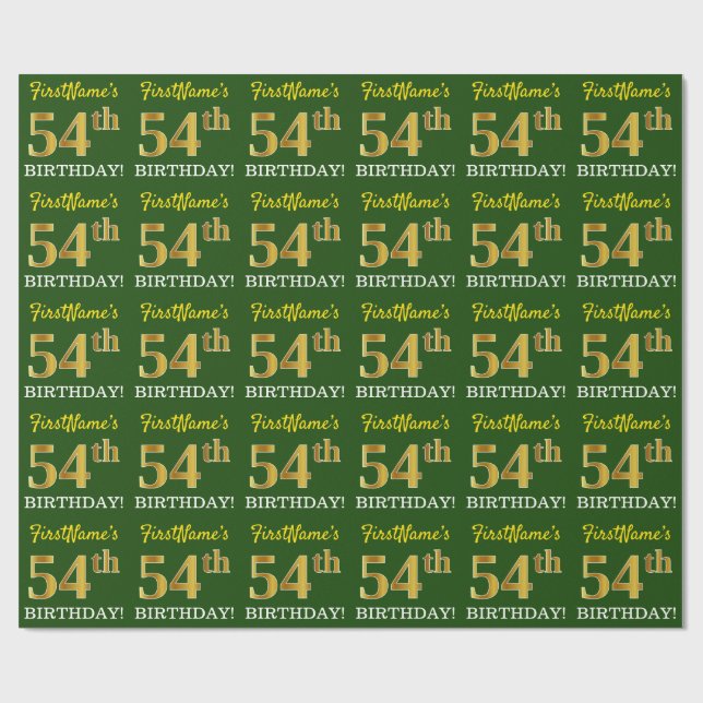 Green, Imitation Gold Look "54th BIRTHDAY" Wrapping Paper (Flat)