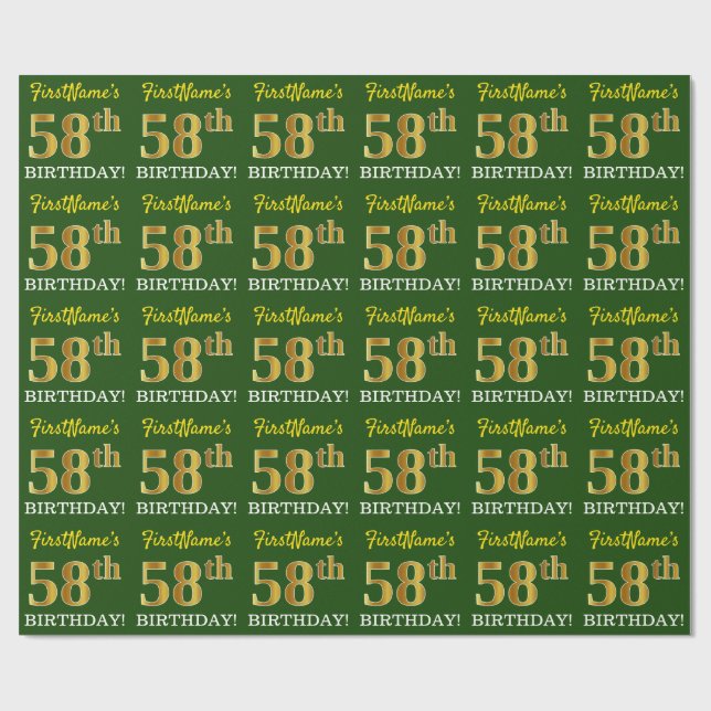 Green, Imitation Gold Look "58th BIRTHDAY" Wrapping Paper (Flat)