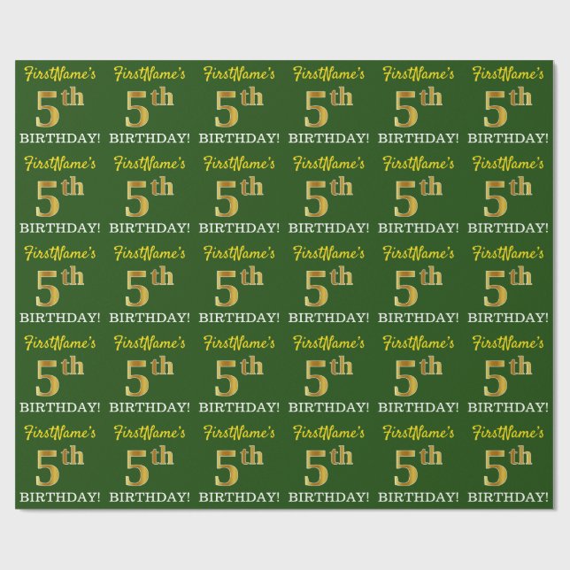 Green, Imitation Gold Look "5th BIRTHDAY" Wrapping Paper (Flat)