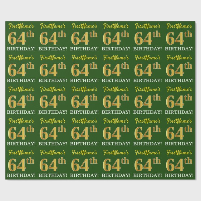 Green, Imitation Gold Look "64th BIRTHDAY" Wrapping Paper (Flat)