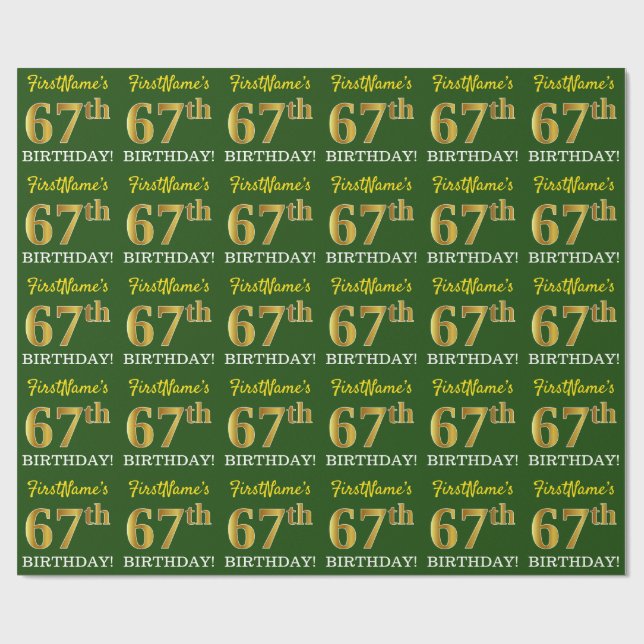 Green, Imitation Gold Look "67th BIRTHDAY" Wrapping Paper (Flat)