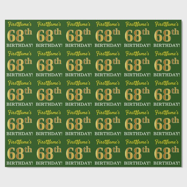 Green, Imitation Gold Look "68th BIRTHDAY" Wrapping Paper (Flat)