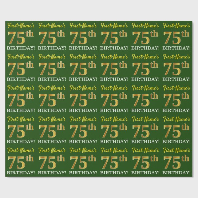 Green, Imitation Gold Look "75th BIRTHDAY" Wrapping Paper (Flat)